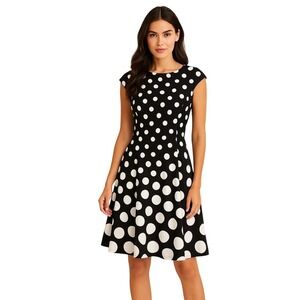 London Times Women's Size 10 Black & White Polka Dot Fit & Flare Dress